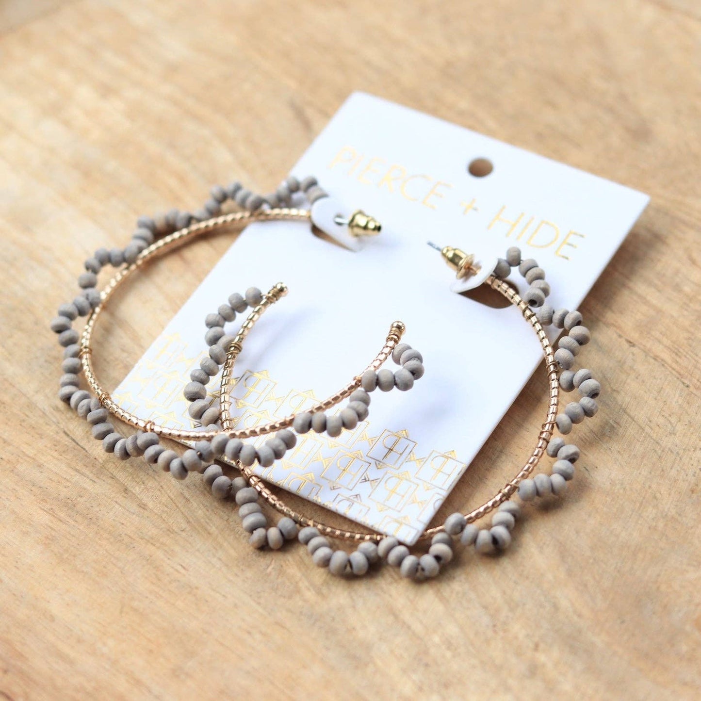 Gray Wood Beaded Wrapped Hoop Earrings