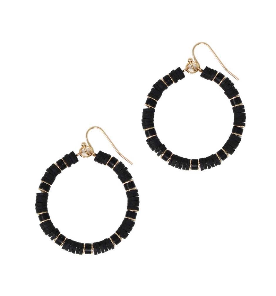 Black Rubber Beaded Hoop Earrings | Rubber Disc Hoop