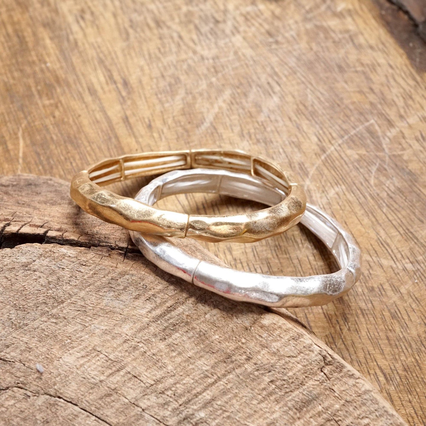 Boho Stretchy Minimalist Bangle Raw Textured Worn Gold and Silver tones: Worn Gold