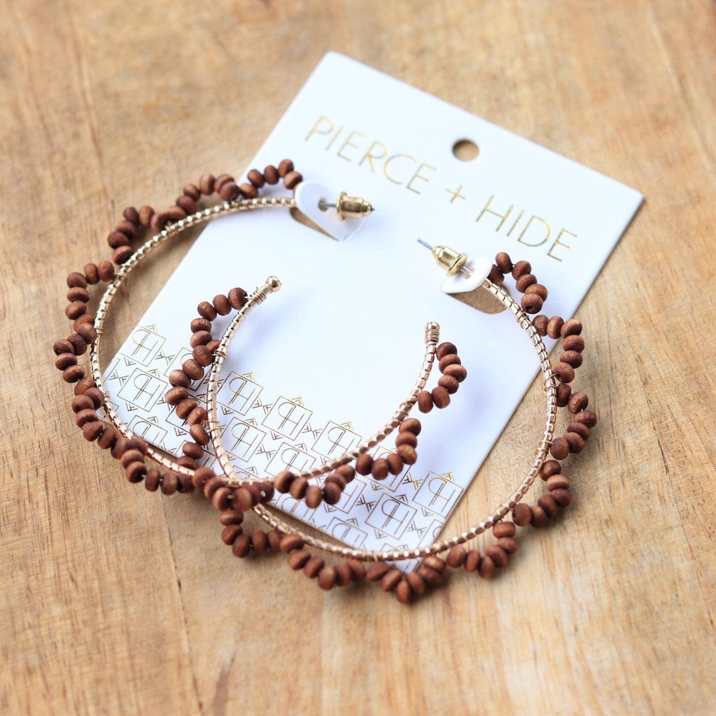 Brown Wood Beaded Wrapped Hoop Earrings