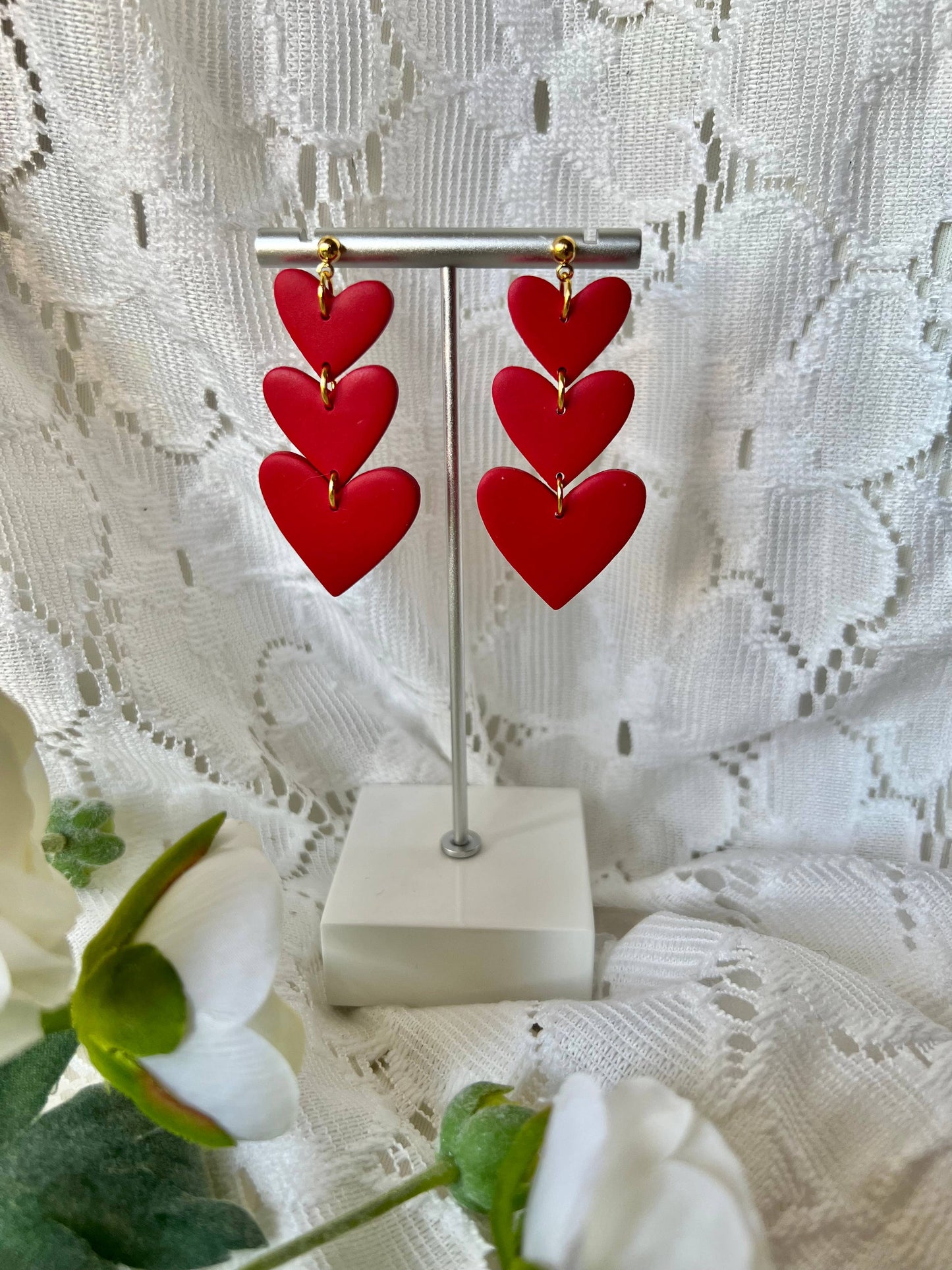 Three Tier Heart Earrings, Valentine's Day Clay Earrings: White/Pink/Red