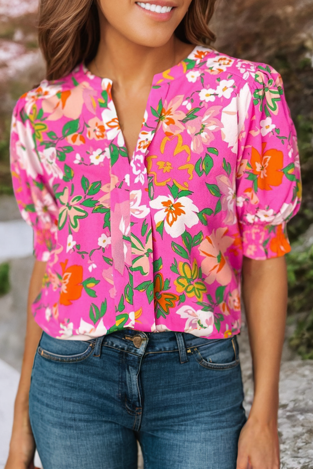 LDC Floral Printed Split V Neck Puff Sleeve Blouse: Multi-Colored