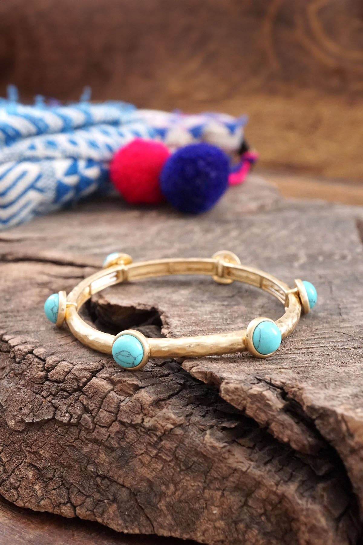 Jeweled Golden Bangle with semi precious stone dots: Turquoise - Shiny Gold