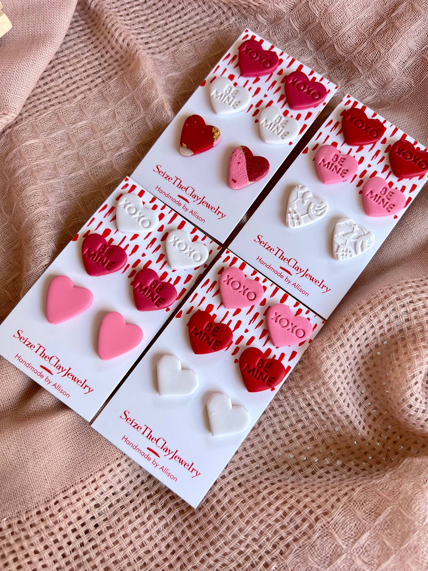 Heart Clay Earrings, Valentine's Day Clay Earrings: Pink pearl xoxo pack