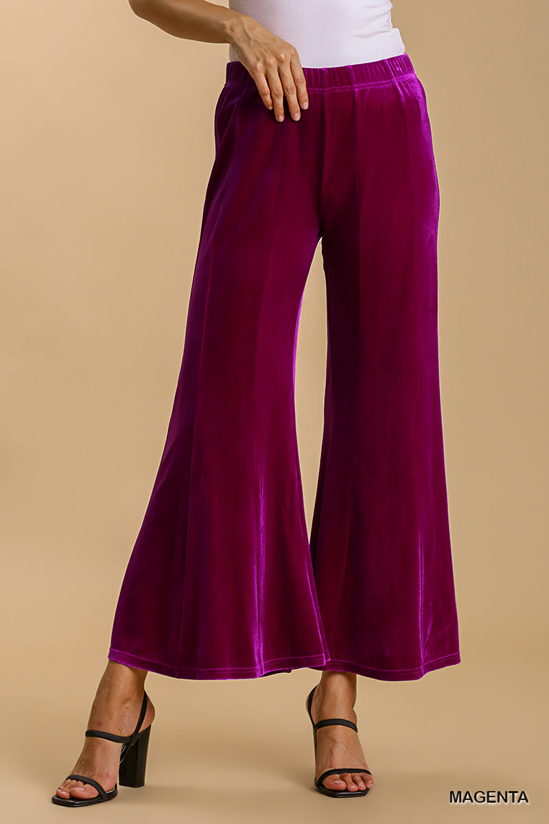 High Waist Knit Velvet Stretch Wide Flare Leg Pant with Elastic Waist