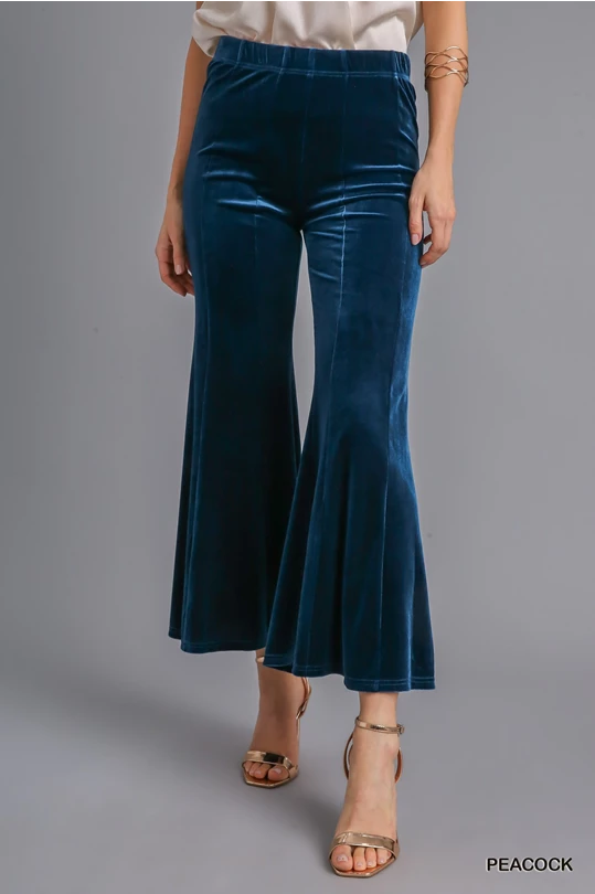 High Waist Knit Velvet Stretch Wide Flare Leg Pant with Elastic Waist