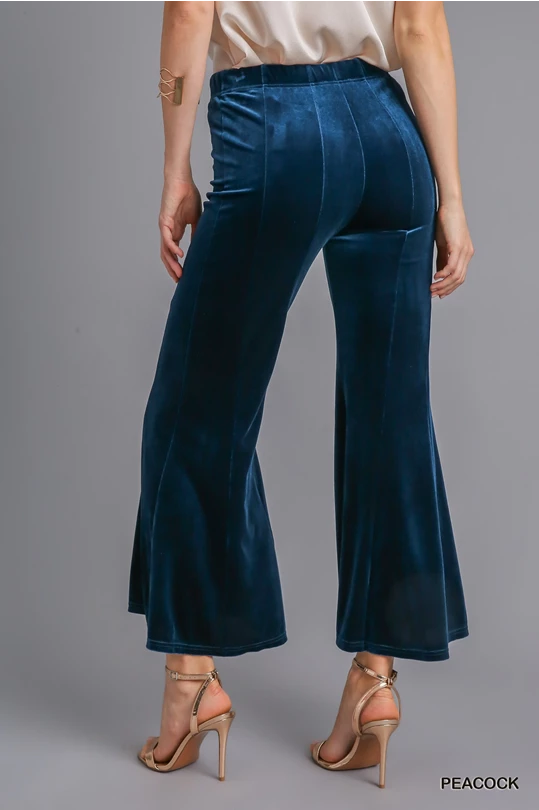 High Waist Knit Velvet Stretch Wide Flare Leg Pant with Elastic Waist
