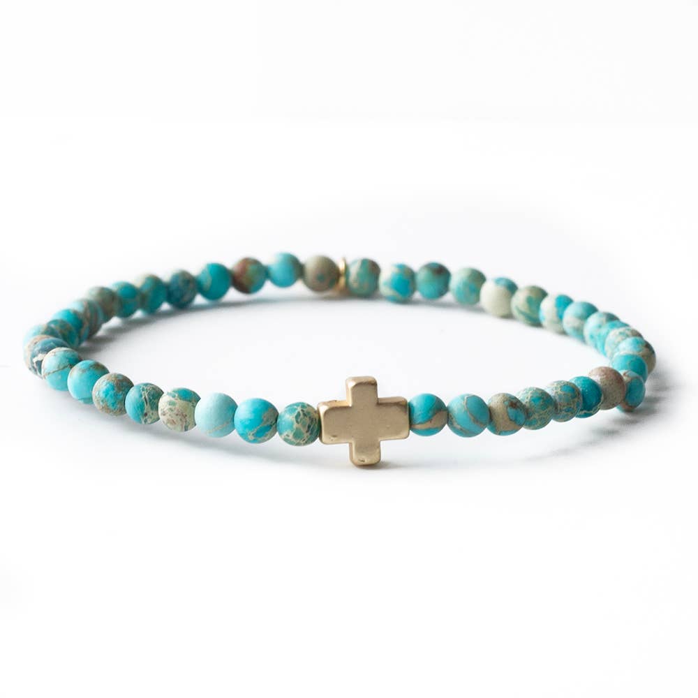 Faith Over Fear Cross Bracelet, 4mm-Turquoise Jasper