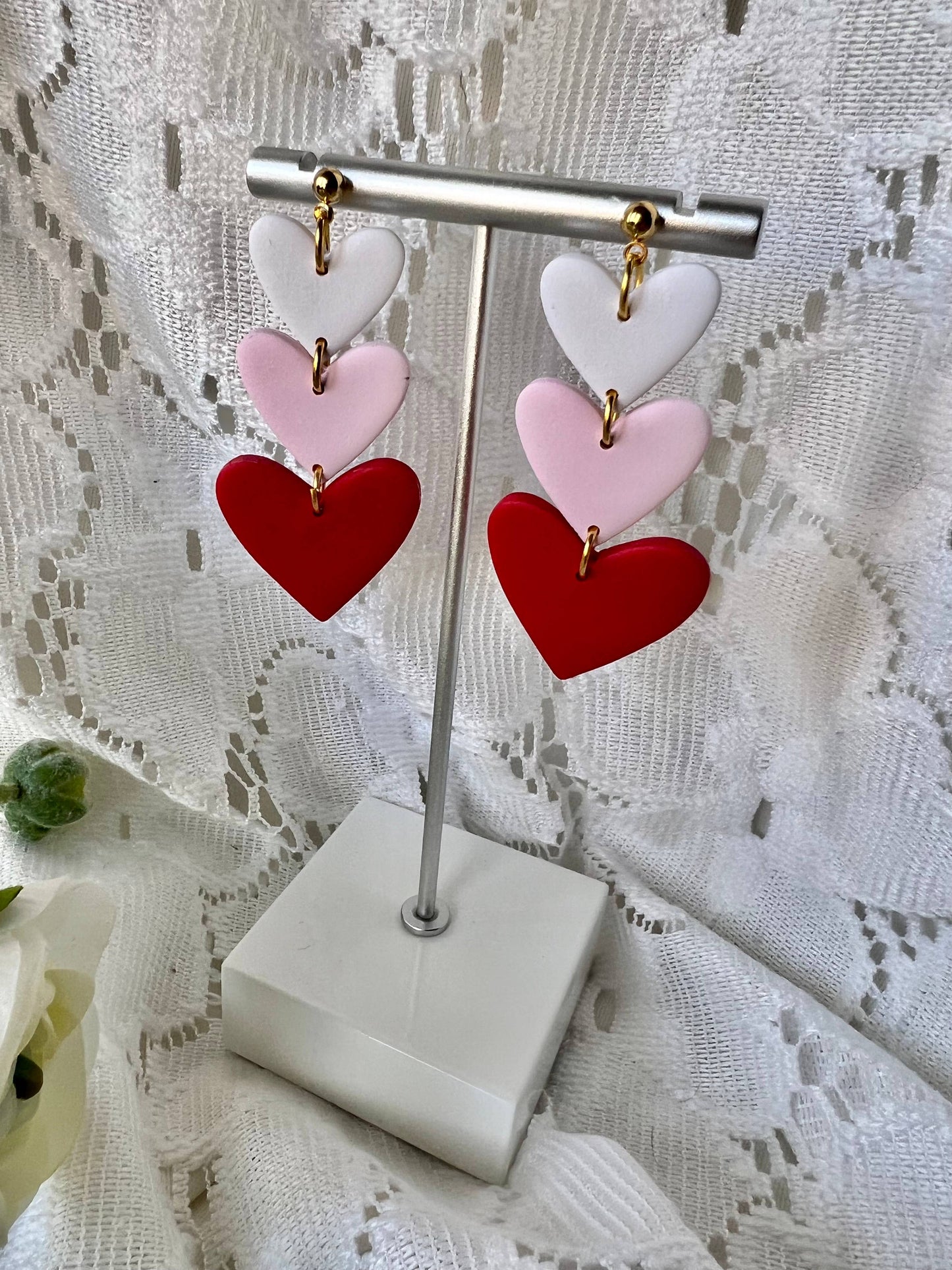 Three Tier Heart Earrings, Valentine's Day Clay Earrings: Red