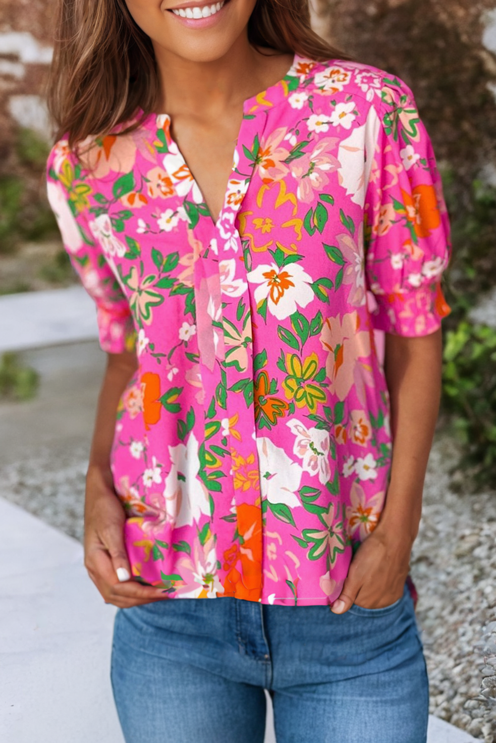 LDC Floral Printed Split V Neck Puff Sleeve Blouse: Multi-Colored