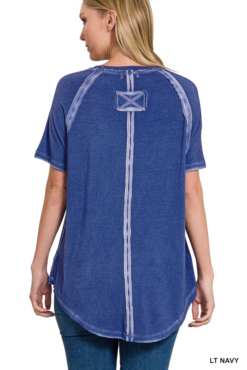 Washed Short Sleeve Boat Neck Top with High-Low Hem