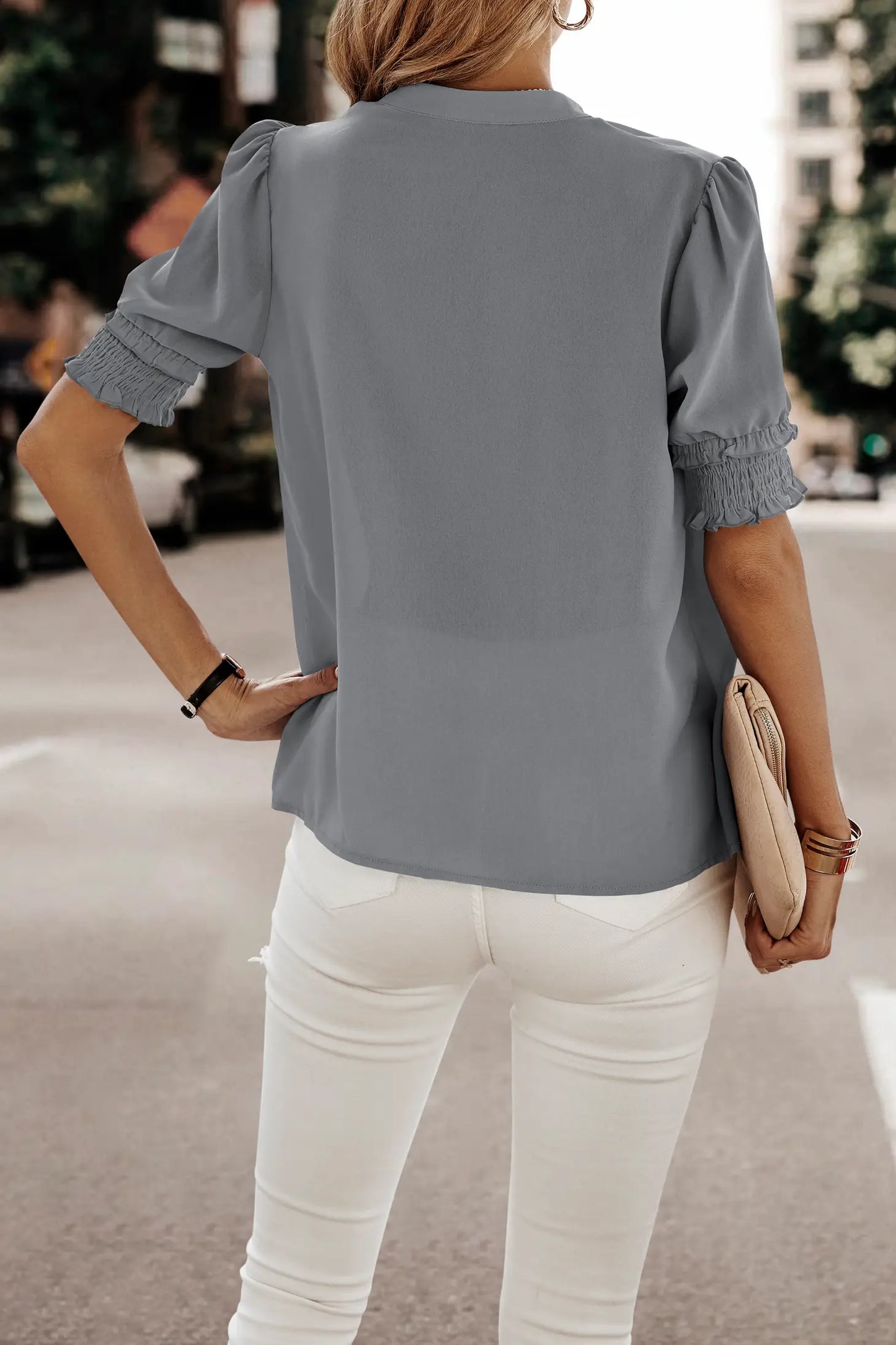Smocked Detail V-Neck Blouse