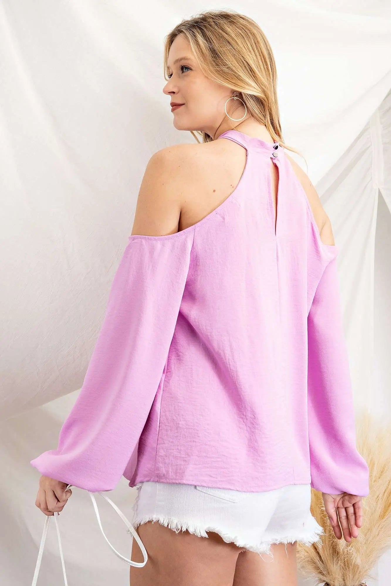 Criss Cross Cold Shoulder Bubble Sleeve Top