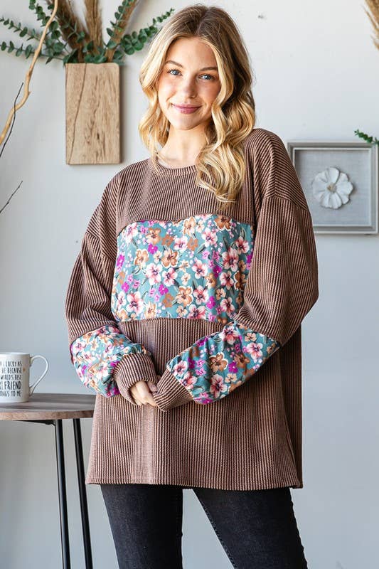 LONG PUFF SLEEVE SOLID URBAN RIBBED AND FLORAL TOP