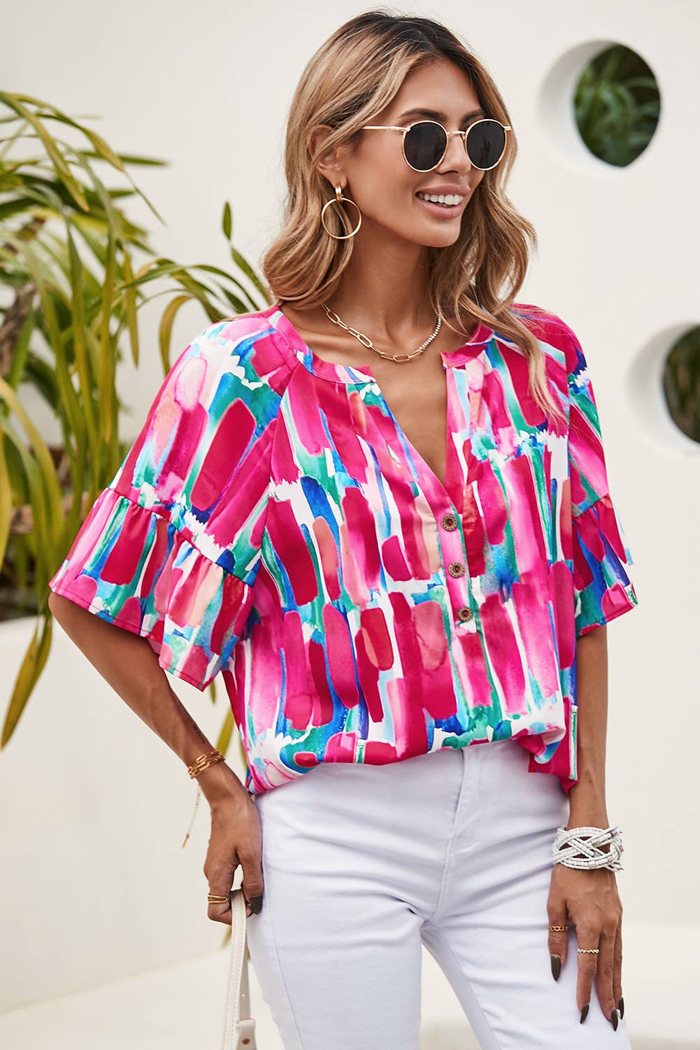 Abstract Brushwork Print  V Neck Blouse