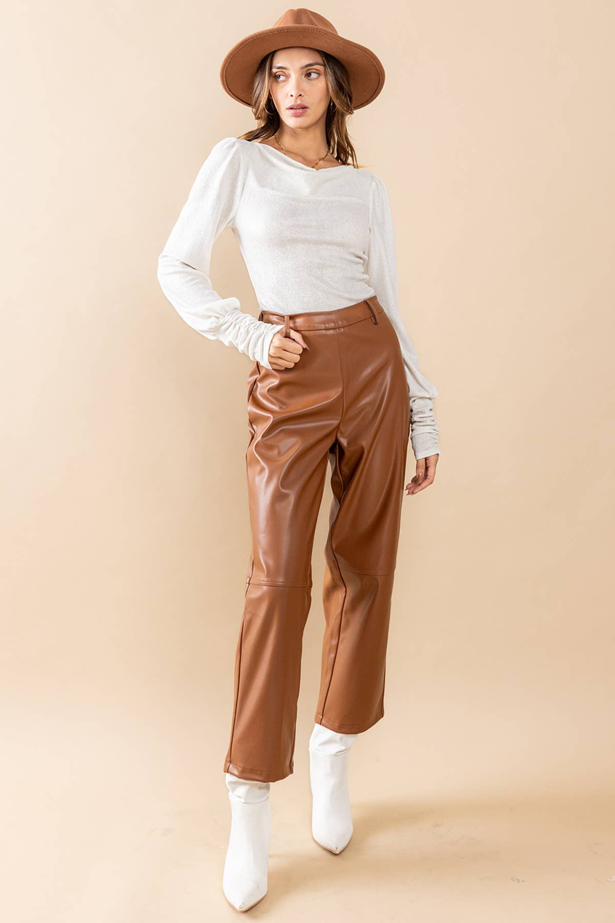 Faux Leather Double Stitch Detail Pants