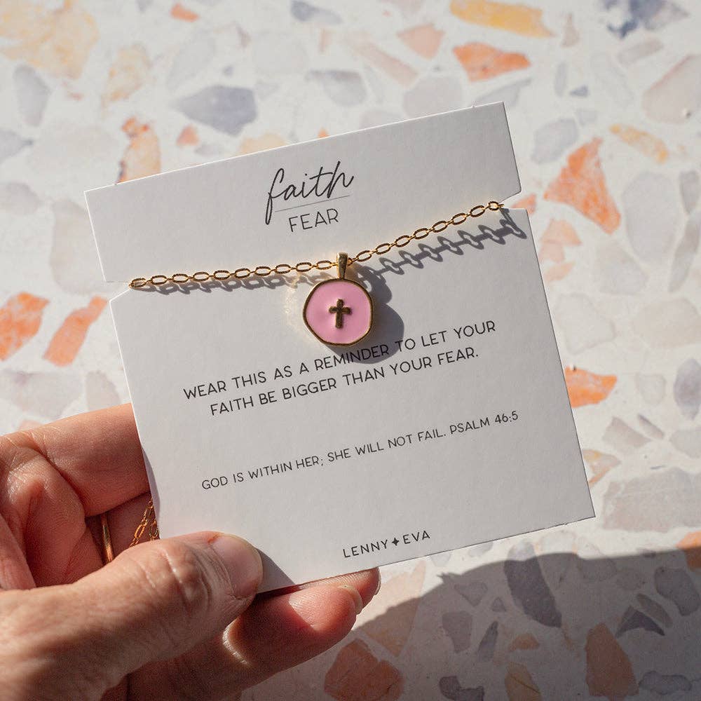 Faith Over Fear Necklace-Pink Cross