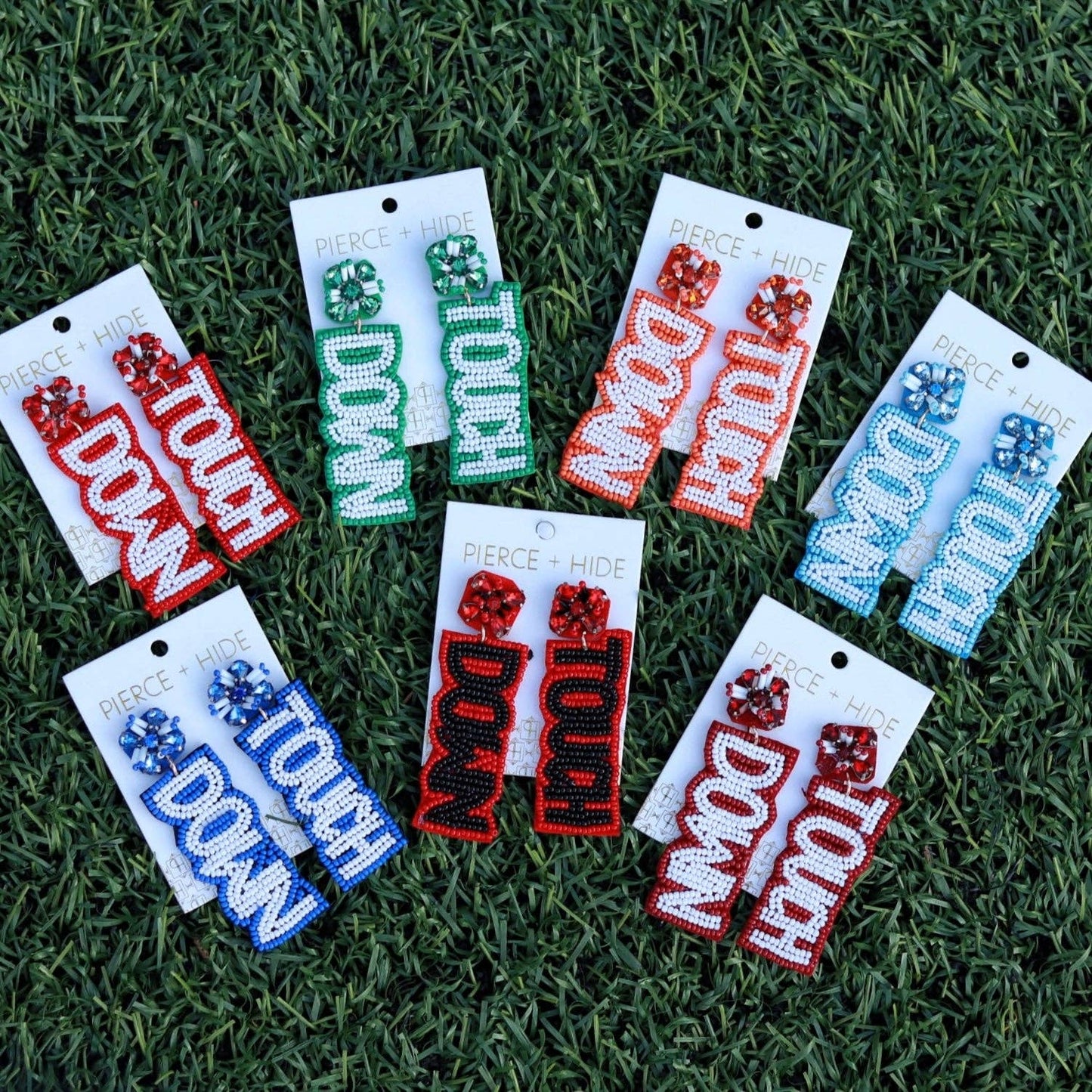 Custom Beaded Touch Down Earring| Game Day Earrings| Football: Red + White