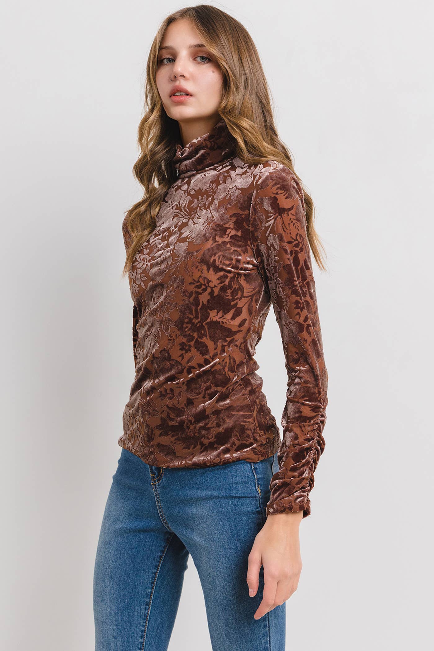 Velvet Floral Print Cowl Neck Top