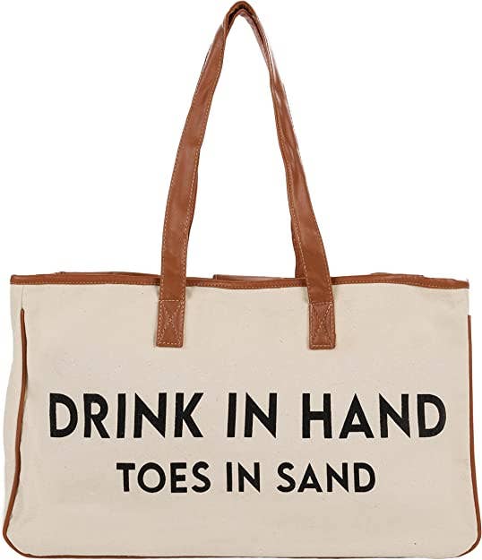 Large Cotton Tote Bag - Drink in hand toes in sand