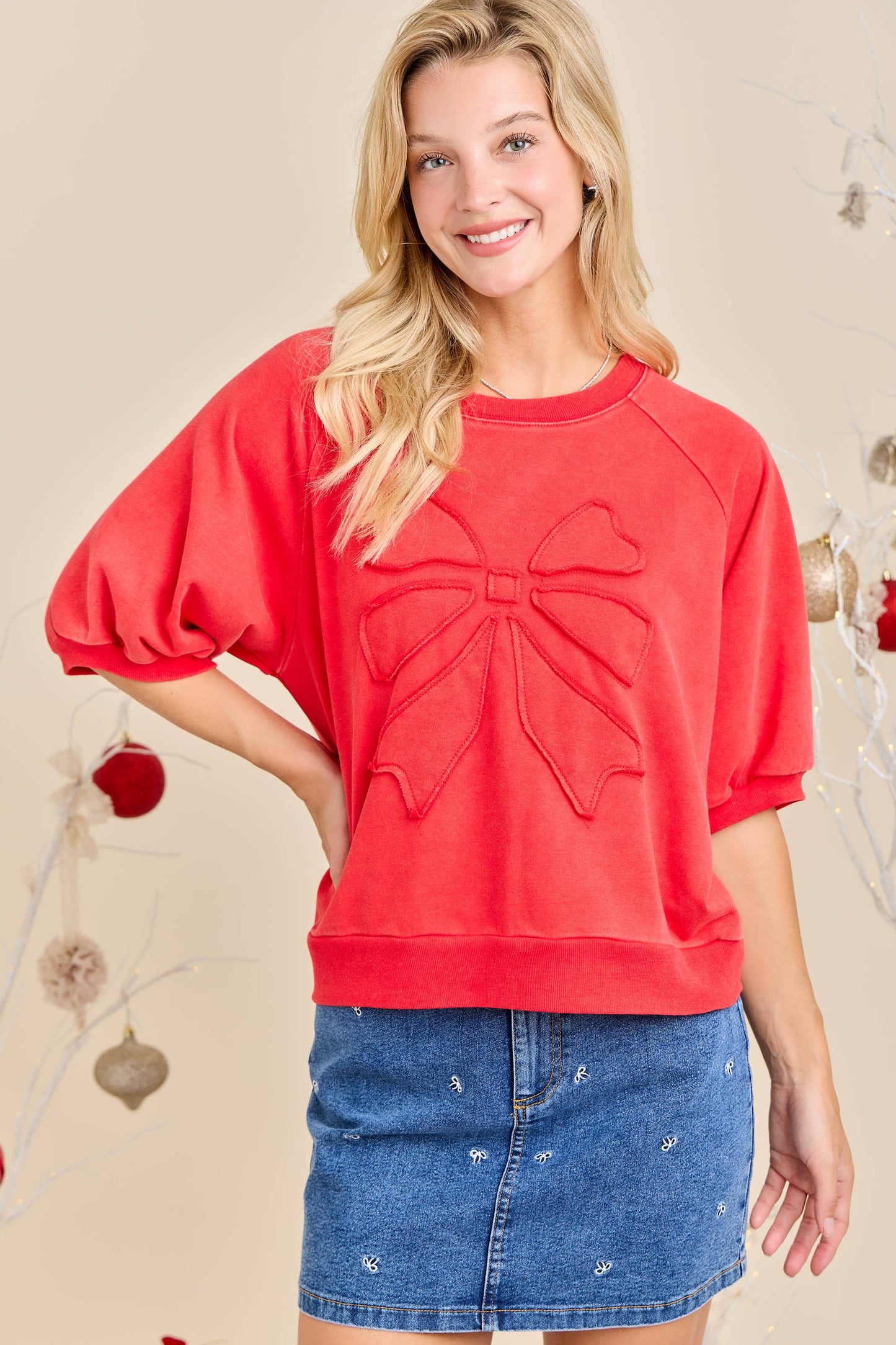 Red Embossed Bow Puff Sleeve Top