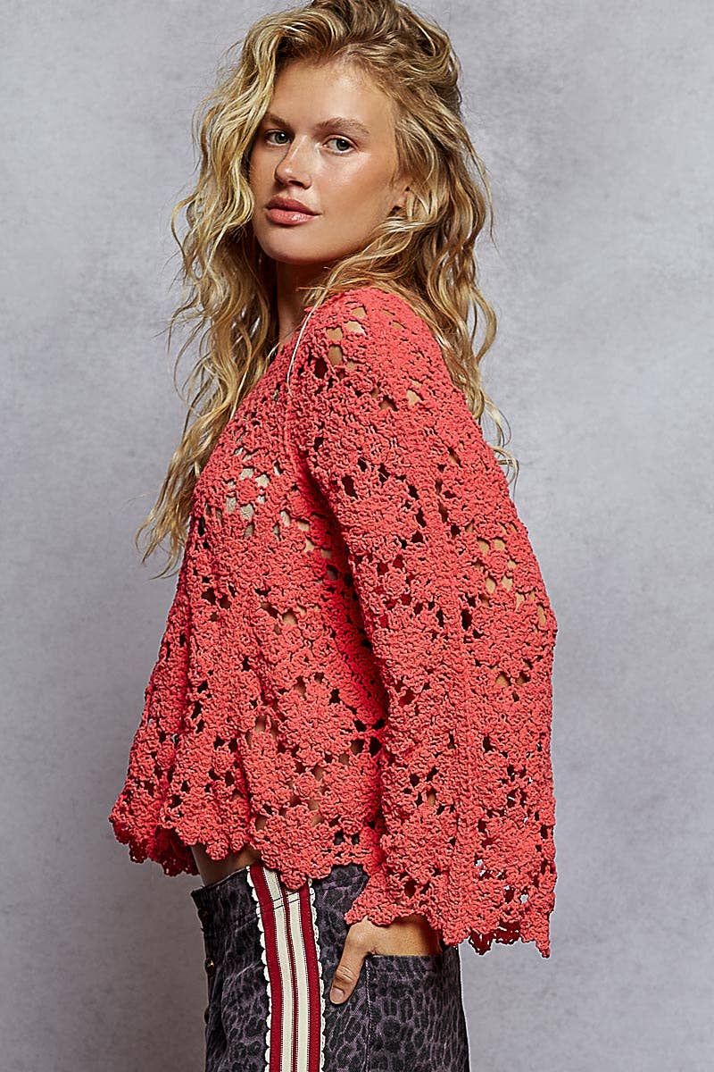 Flare sleeve scalloped edge solid crochet chenille sweater