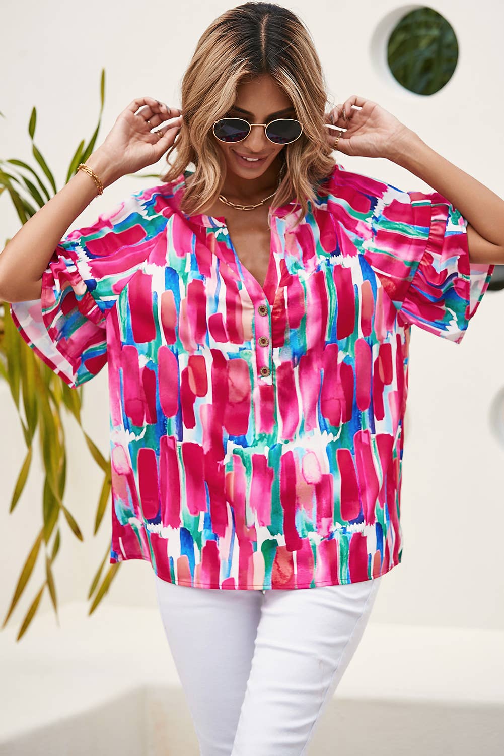 Abstract Brushwork Print  V Neck Blouse