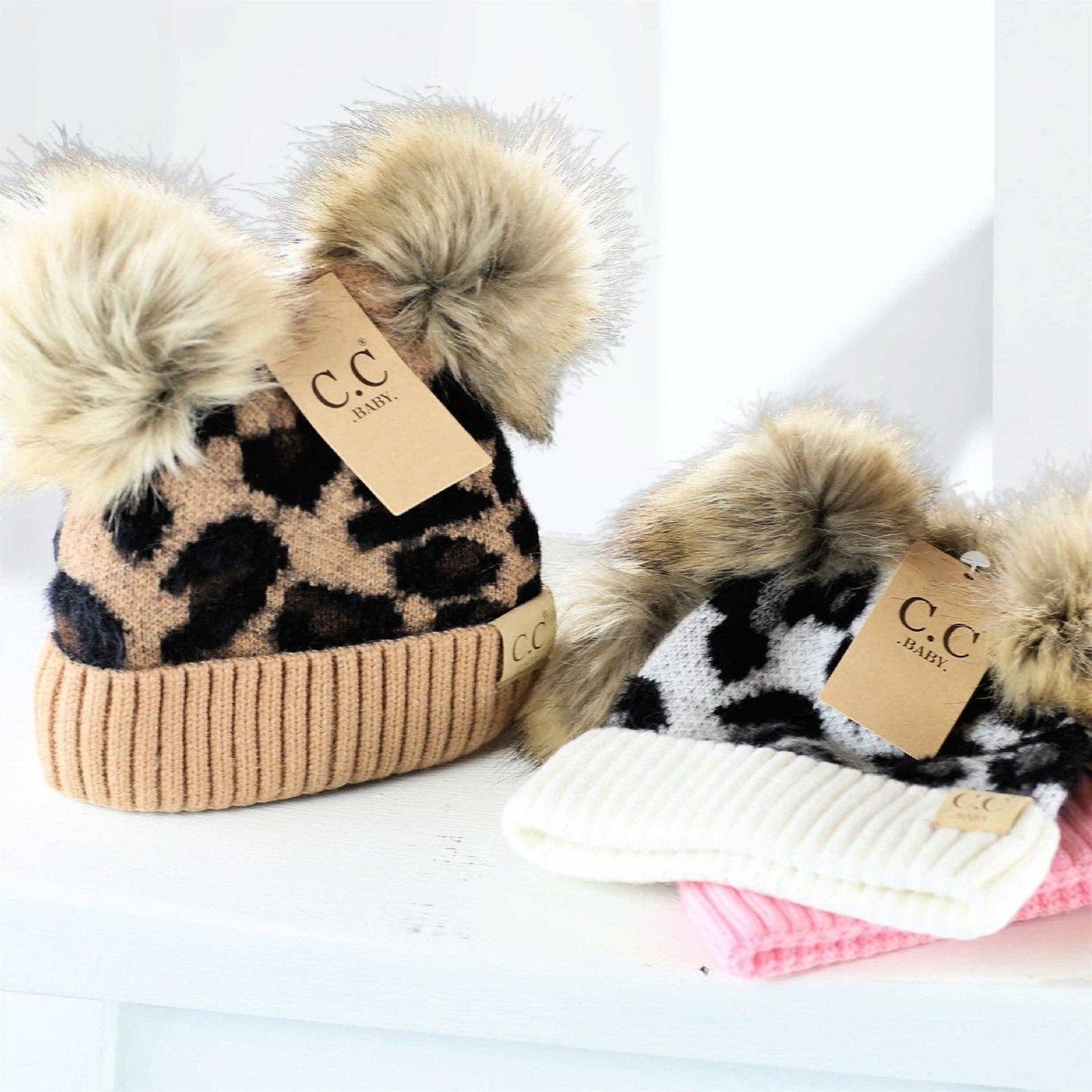 CC Double Pom Kid Leopard Beanie :Latte