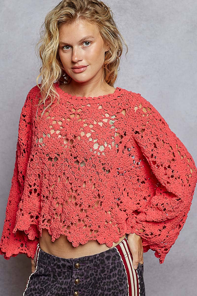 Flare sleeve scalloped edge solid crochet chenille sweater