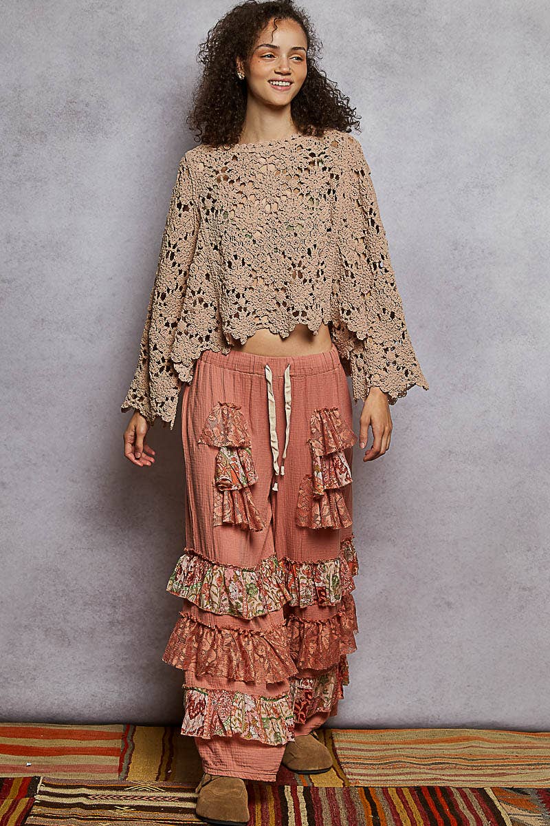 Flare sleeve scalloped edge solid crochet chenille sweater