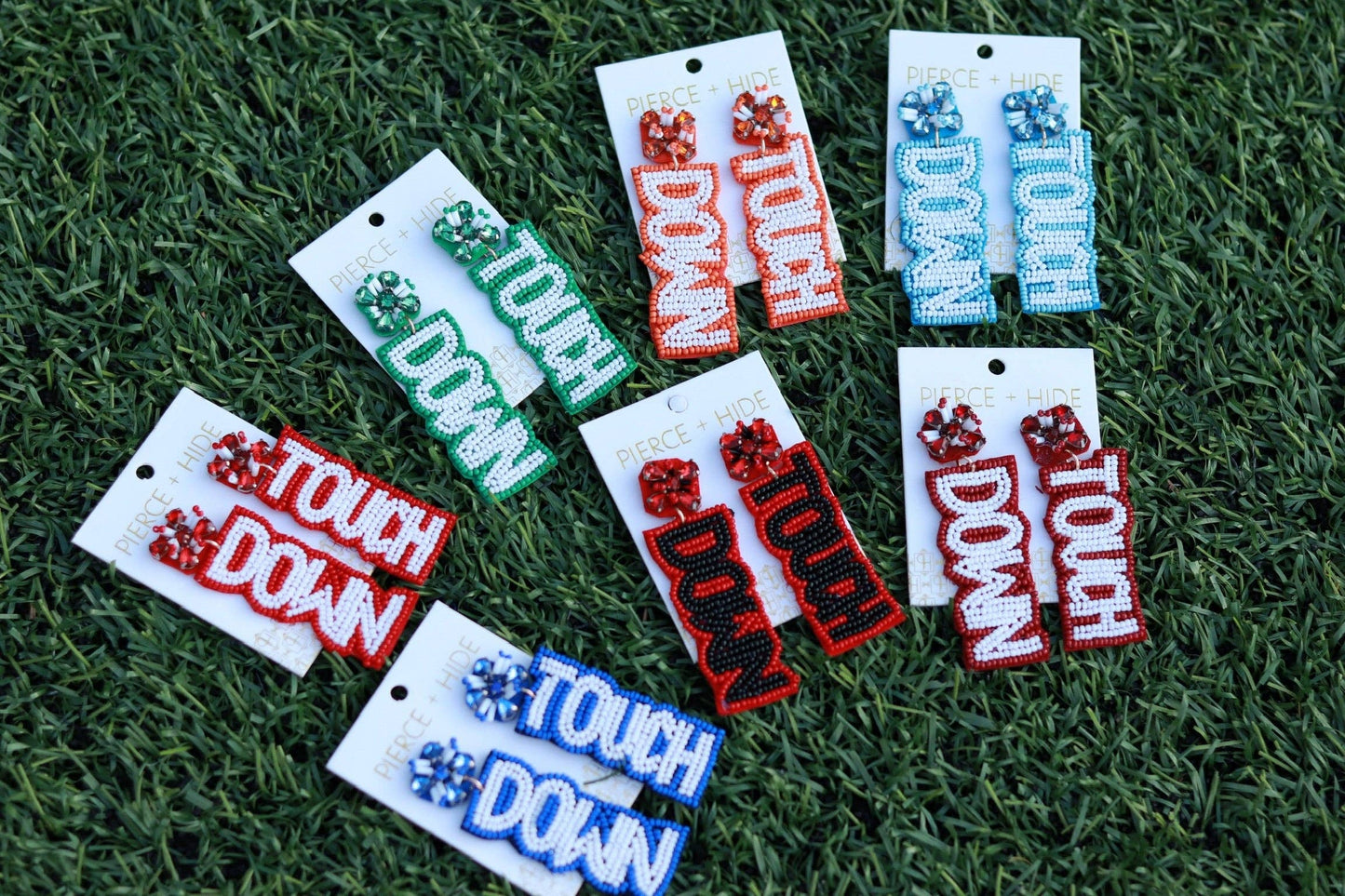 Custom Beaded Touch Down Earring| Game Day Earrings| Football: Red + White