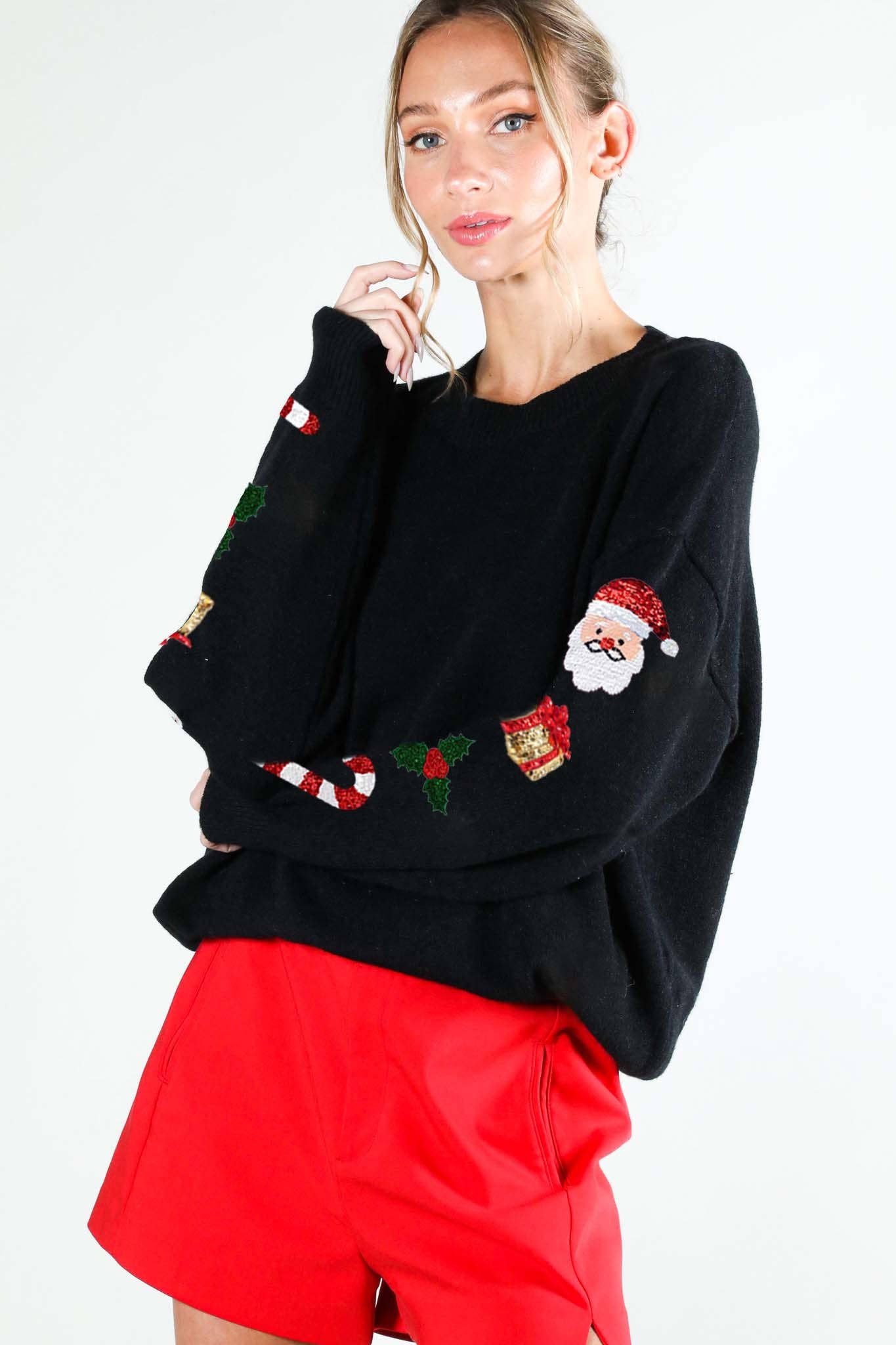 Crew Neck Christmas Sequin Detail Knitted Sweater