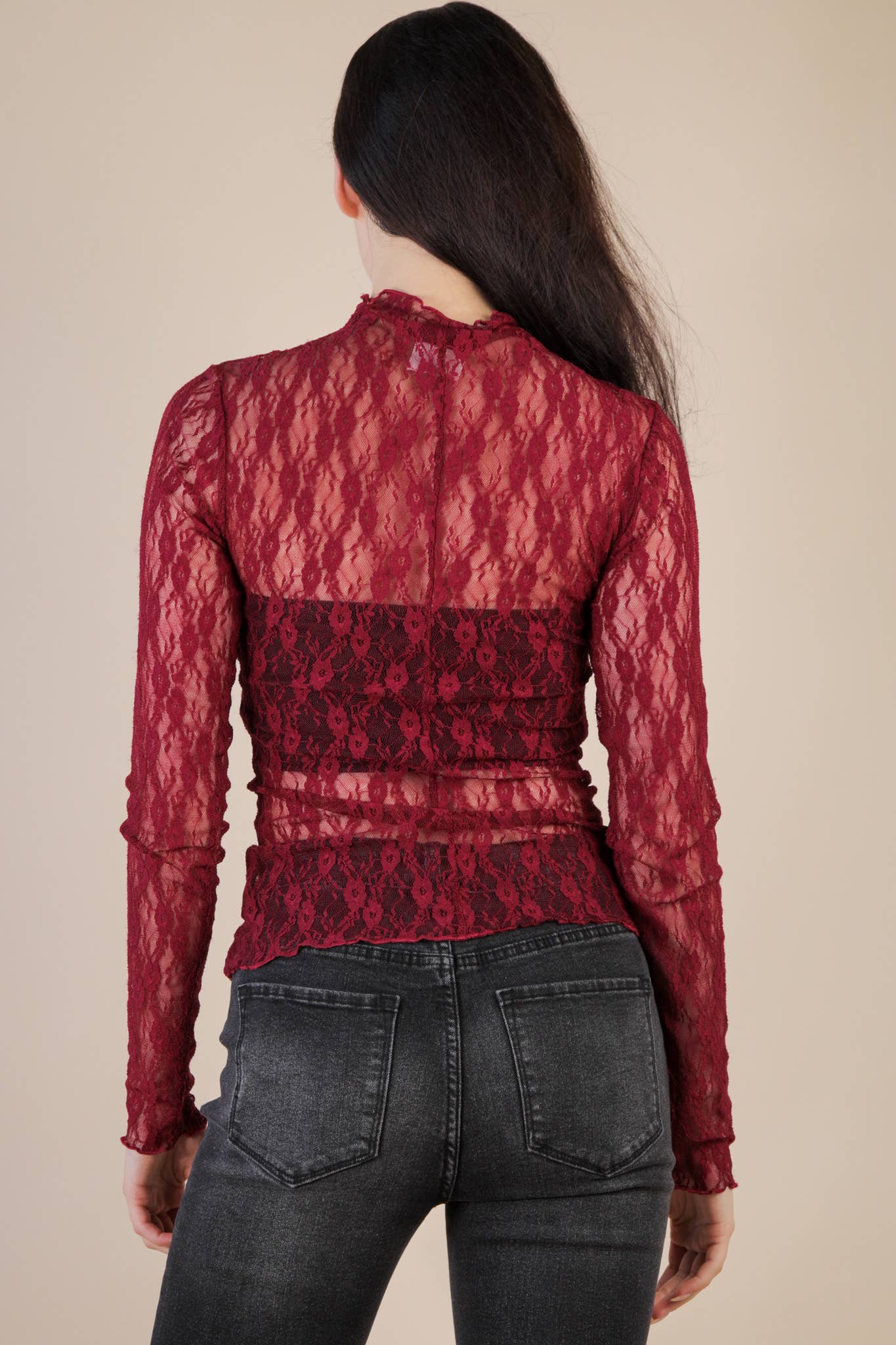 High Neck Fitted Sheer Mesh Lace Knit Top