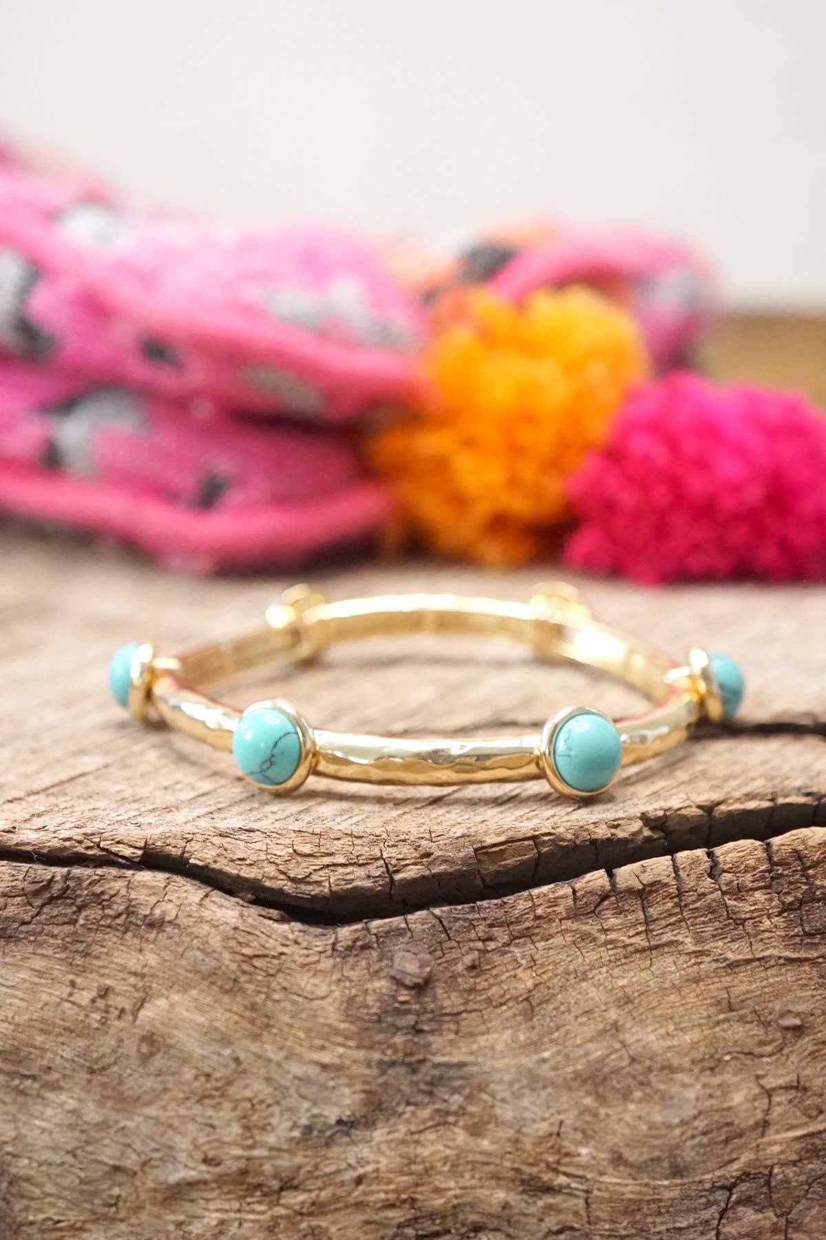 Jeweled Golden Bangle with semi precious stone dots: Turquoise - Shiny Gold