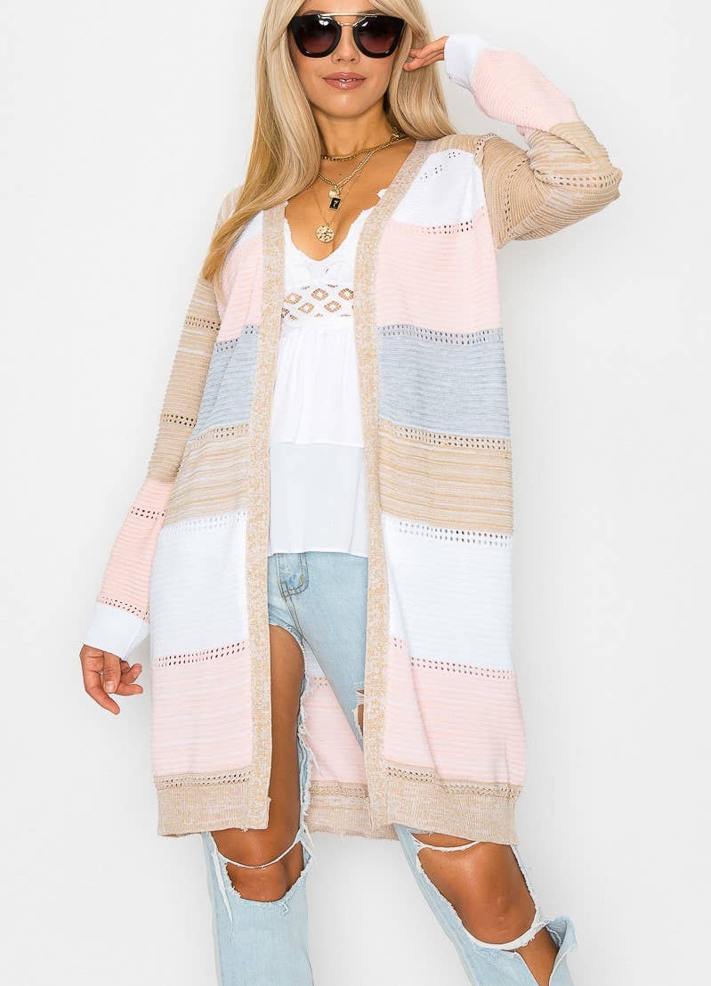 Color block Long Sleeve Cardigan: Pink