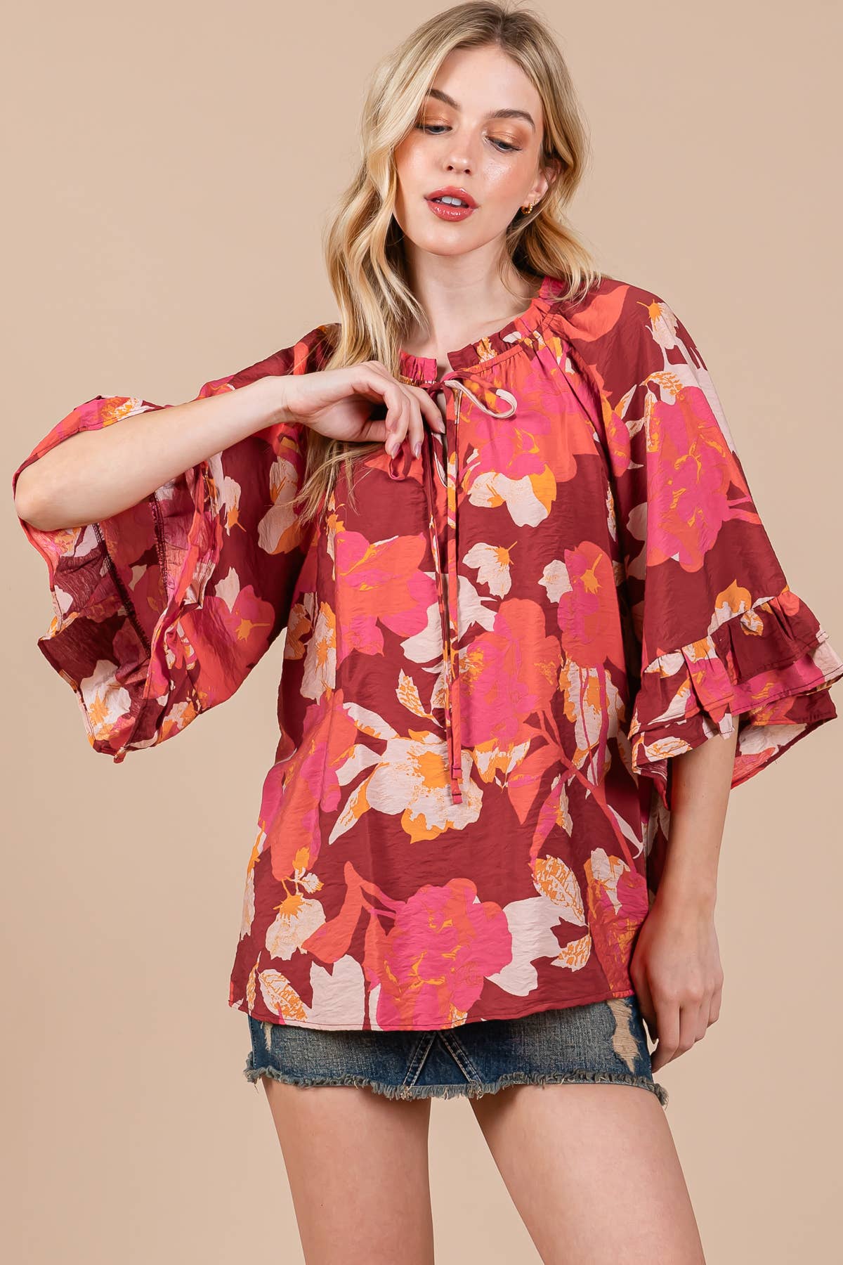 Floral Print Split Mock Neck Blouse