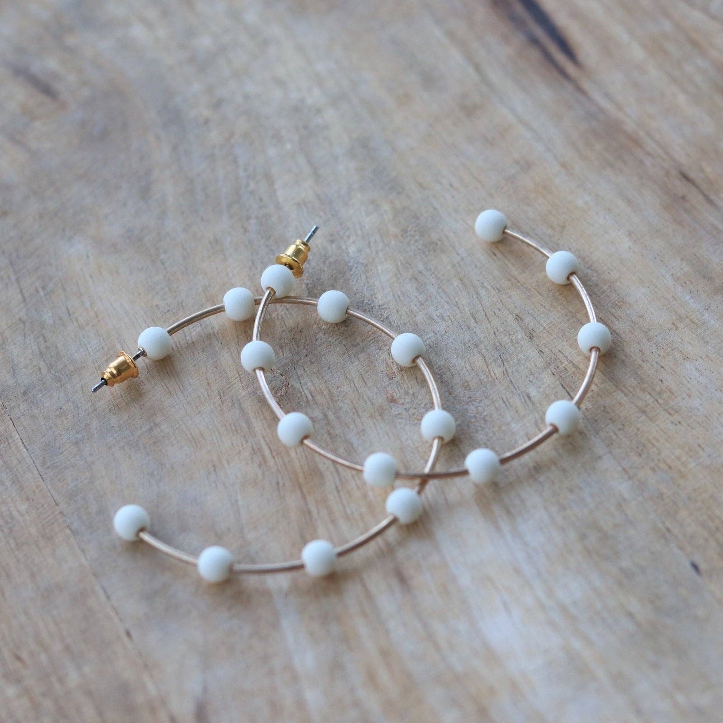 White & Gold Bead Hoop Earrings