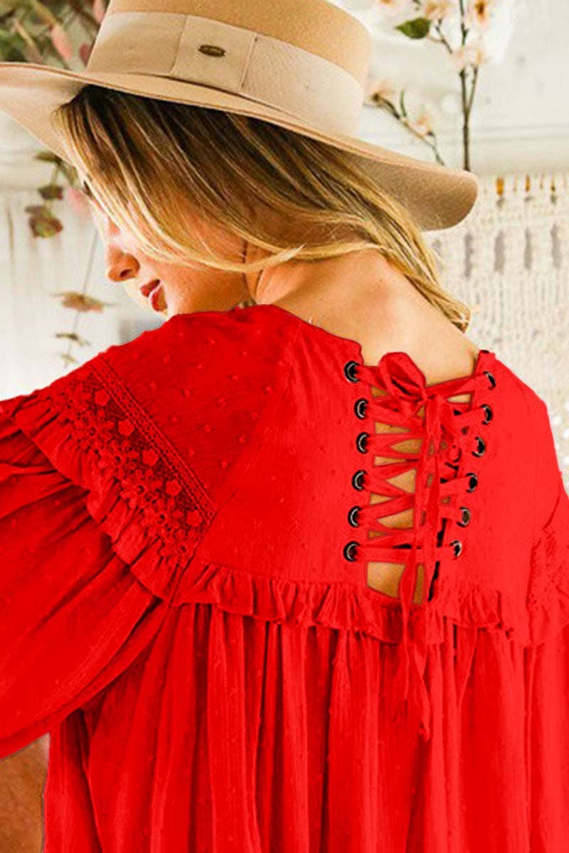 Lace-Up Back Detail Swiss Dot Patterned Blouse