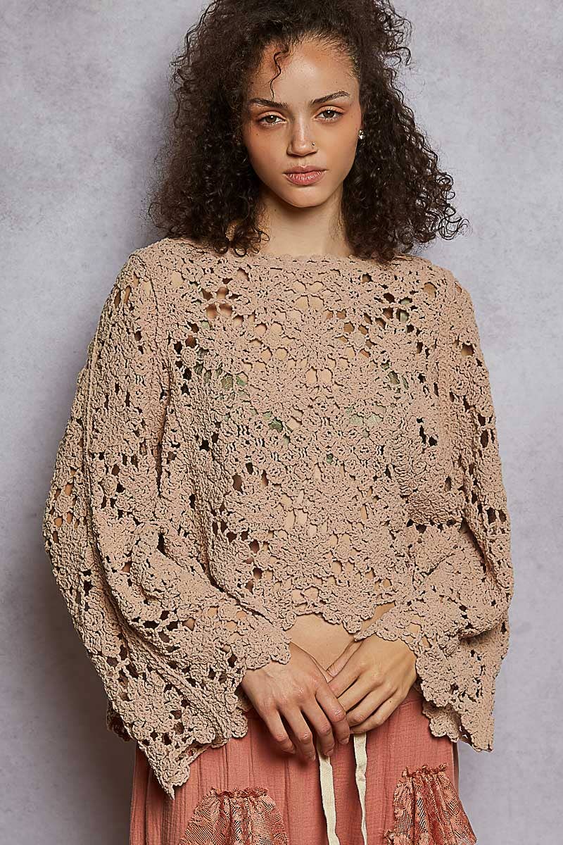 Flare sleeve scalloped edge solid crochet chenille sweater