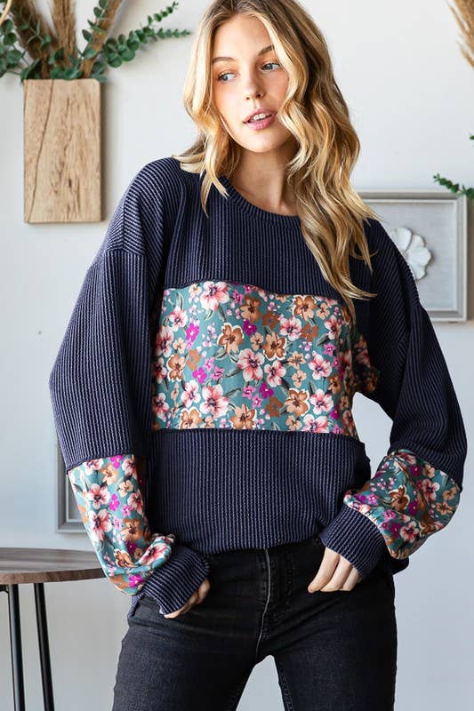 LONG PUFF SLEEVE SOLID URBAN RIBBED AND FLORAL TOP