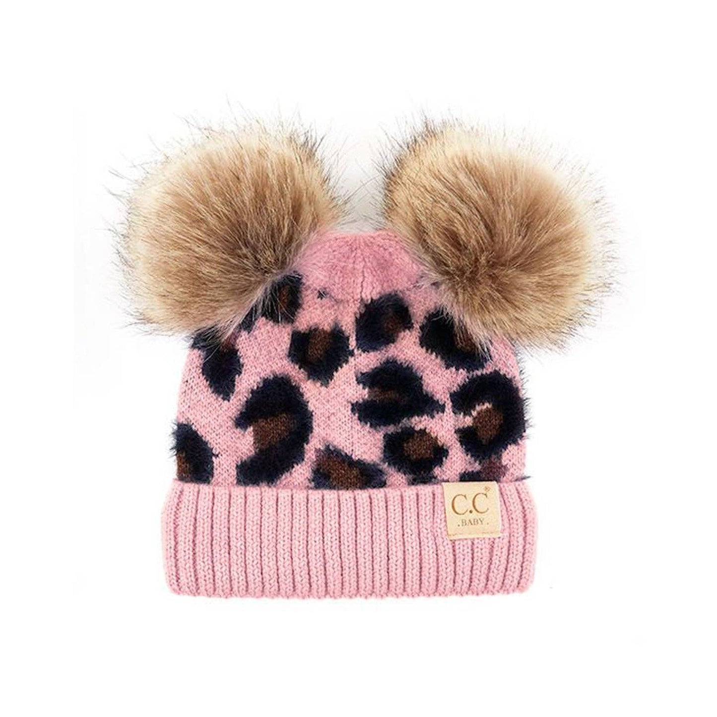 CC Double Pom Kid Leopard Beanie: Baby Pink