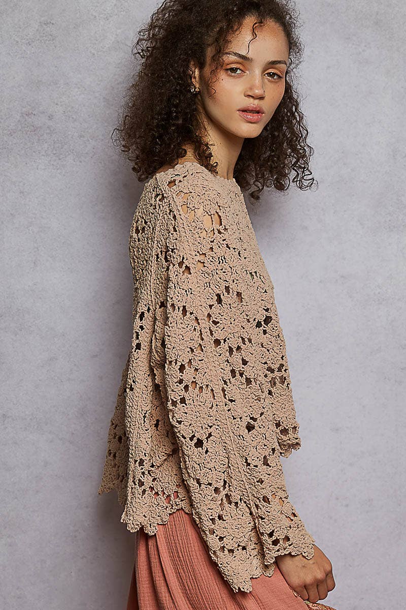 Flare sleeve scalloped edge solid crochet chenille sweater