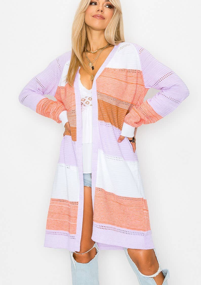 Color block Long Sleeve Cardigan: Pink