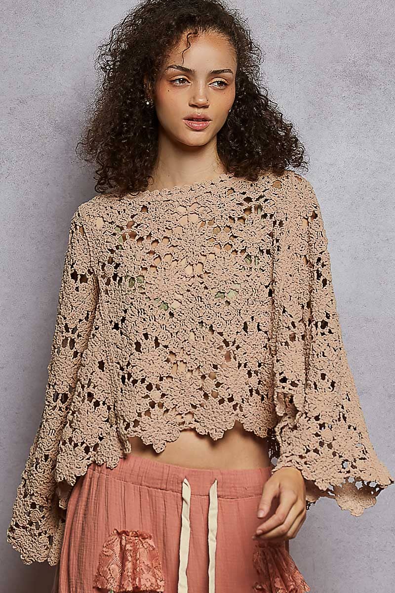 Flare sleeve scalloped edge solid crochet chenille sweater