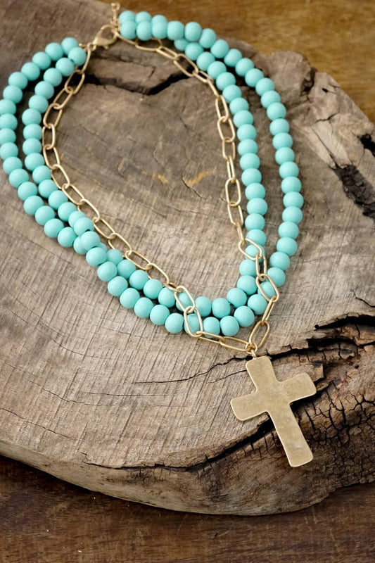 Multi Strand Wood Beads Short Statement Cross Necklace Turquoise