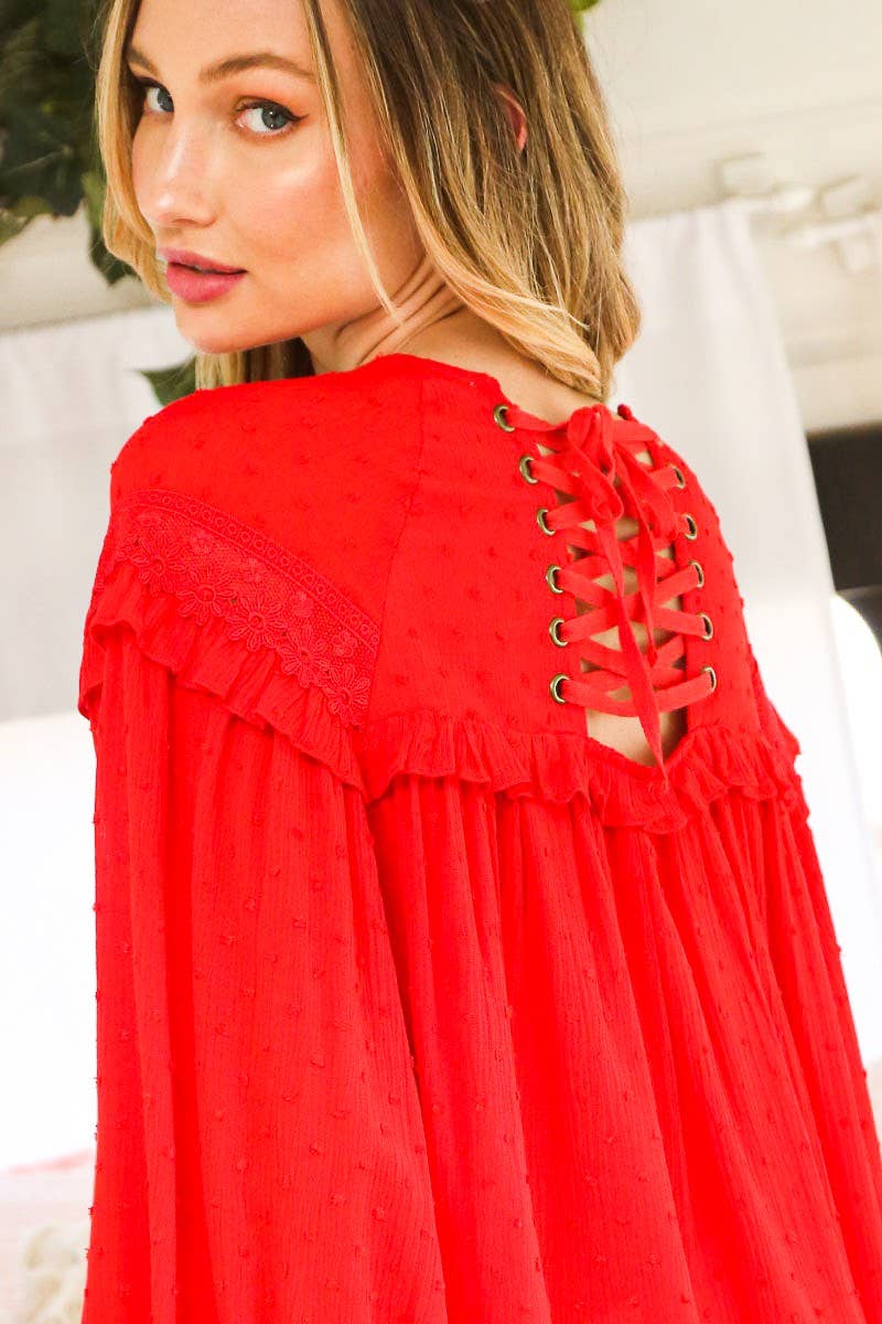 Lace-Up Back Detail Swiss Dot Patterned Blouse