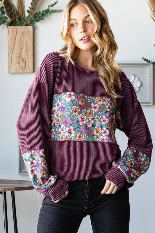 LONG PUFF SLEEVE SOLID URBAN RIBBED AND FLORAL TOP