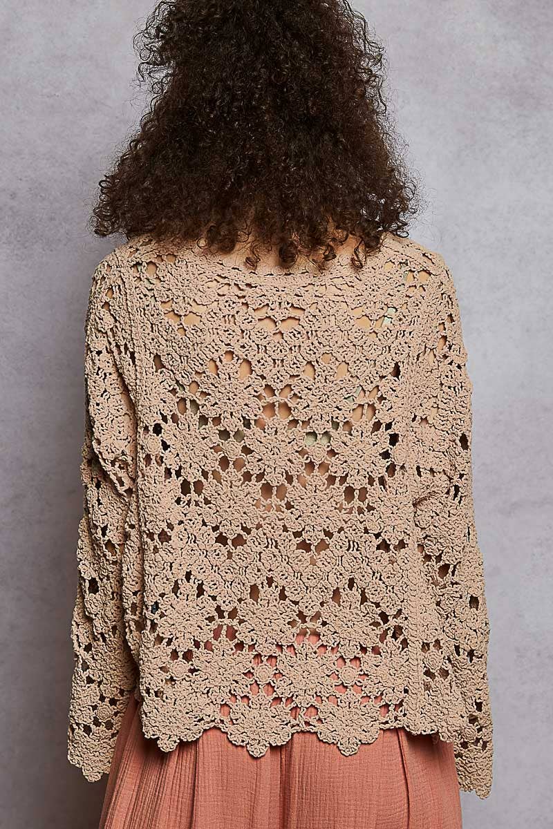 Flare sleeve scalloped edge solid crochet chenille sweater