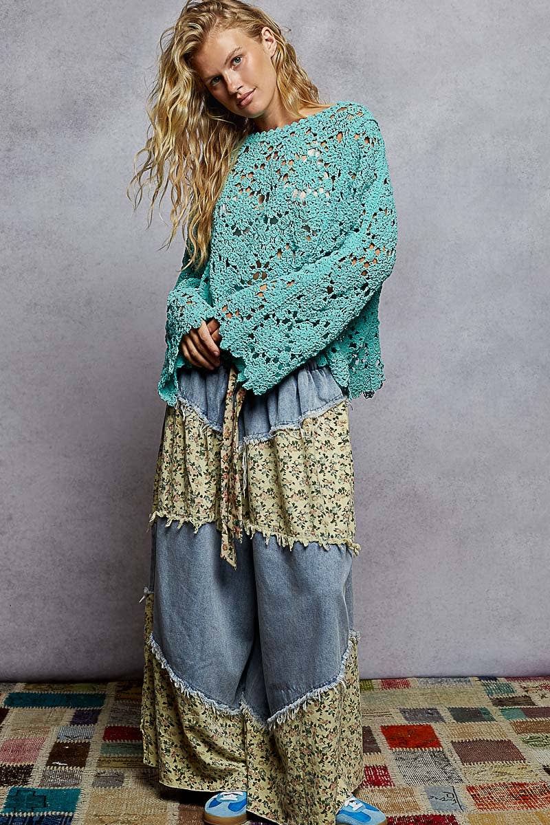 Flare sleeve scalloped edge solid crochet chenille sweater