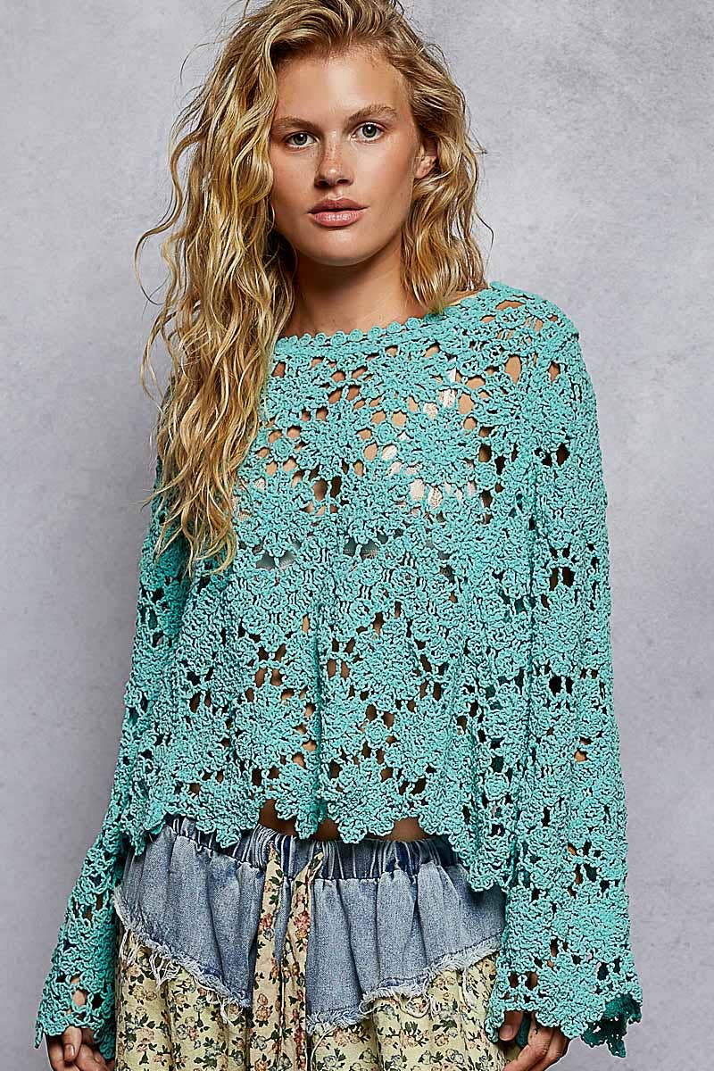 Flare sleeve scalloped edge solid crochet chenille sweater